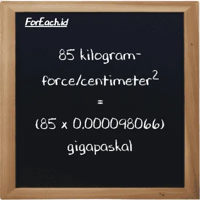 85 kilogram-force/centimeter<sup>2</sup> setara dengan 0.0083356 gigapaskal (85 kgf/cm<sup>2</sup> setara dengan 0.0083356 GPa)